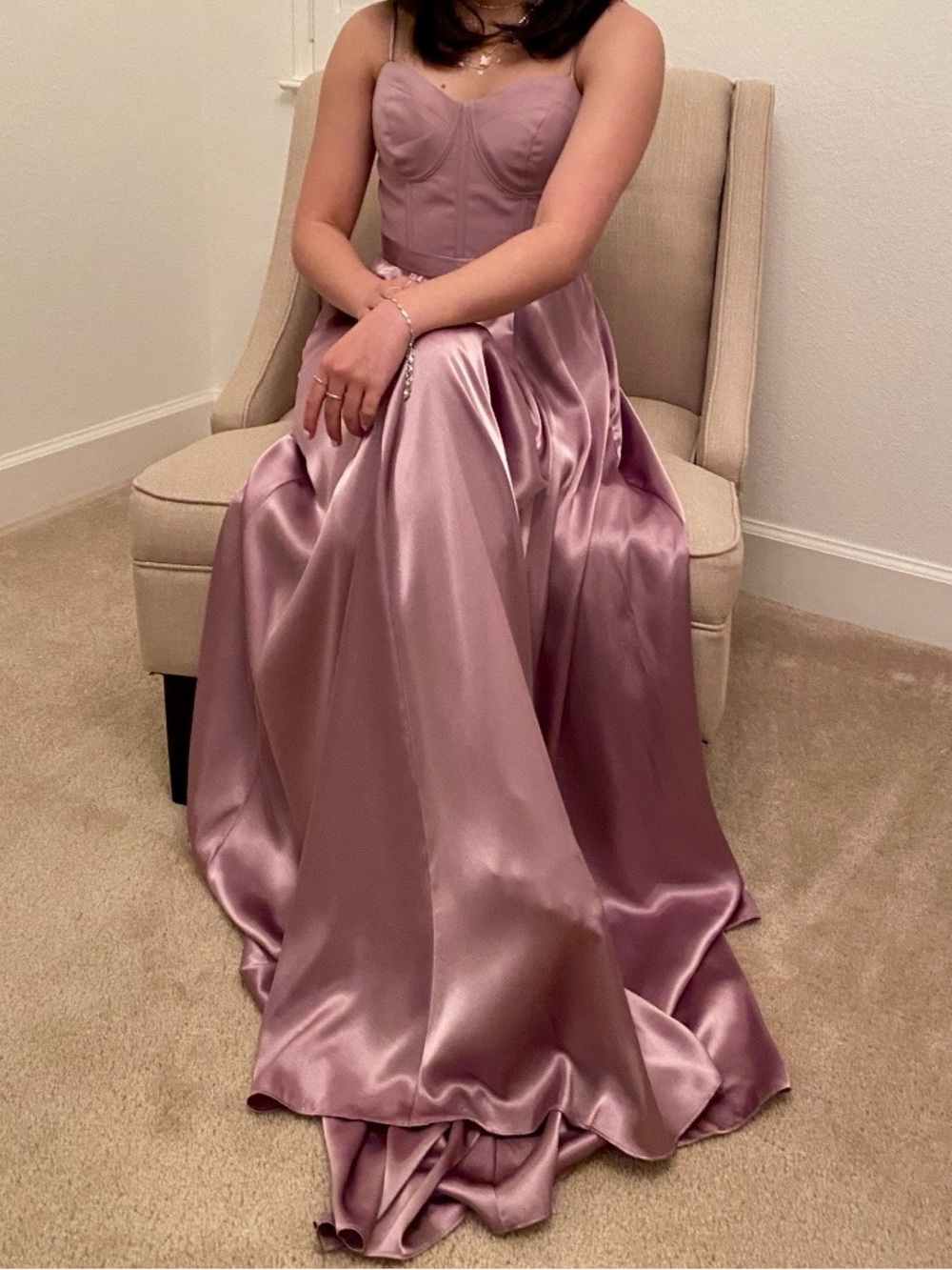 Elegant Mauve Satin Evening Gown - Women's Dress